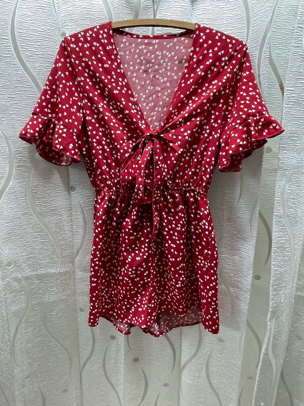 Red Heart-Print Tie-Front Romper